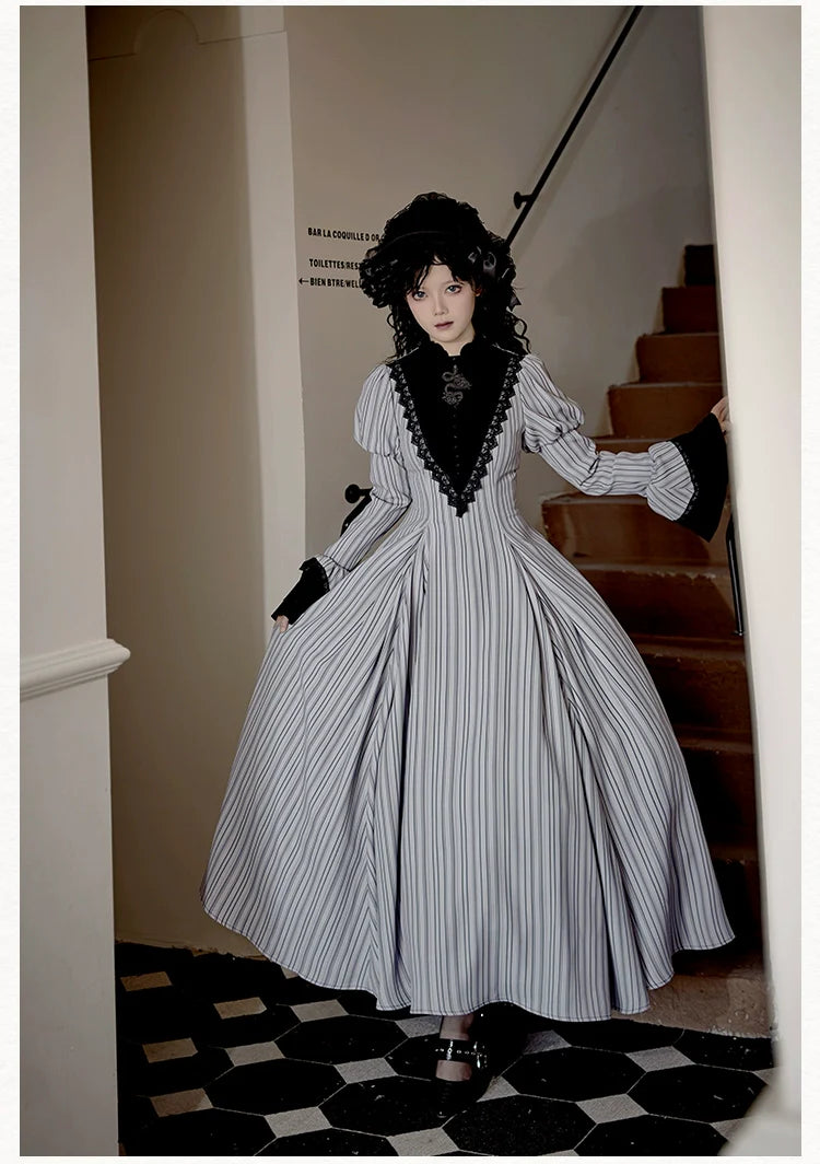 Nocturne SP - Striped Gothic Lolita OP Twin Lolita Dress with Apron and Accessories - image 19