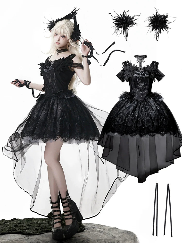 Star Swan Dream - Black Gothic Lolita JSK Dress, Swan Embroidery - image 4