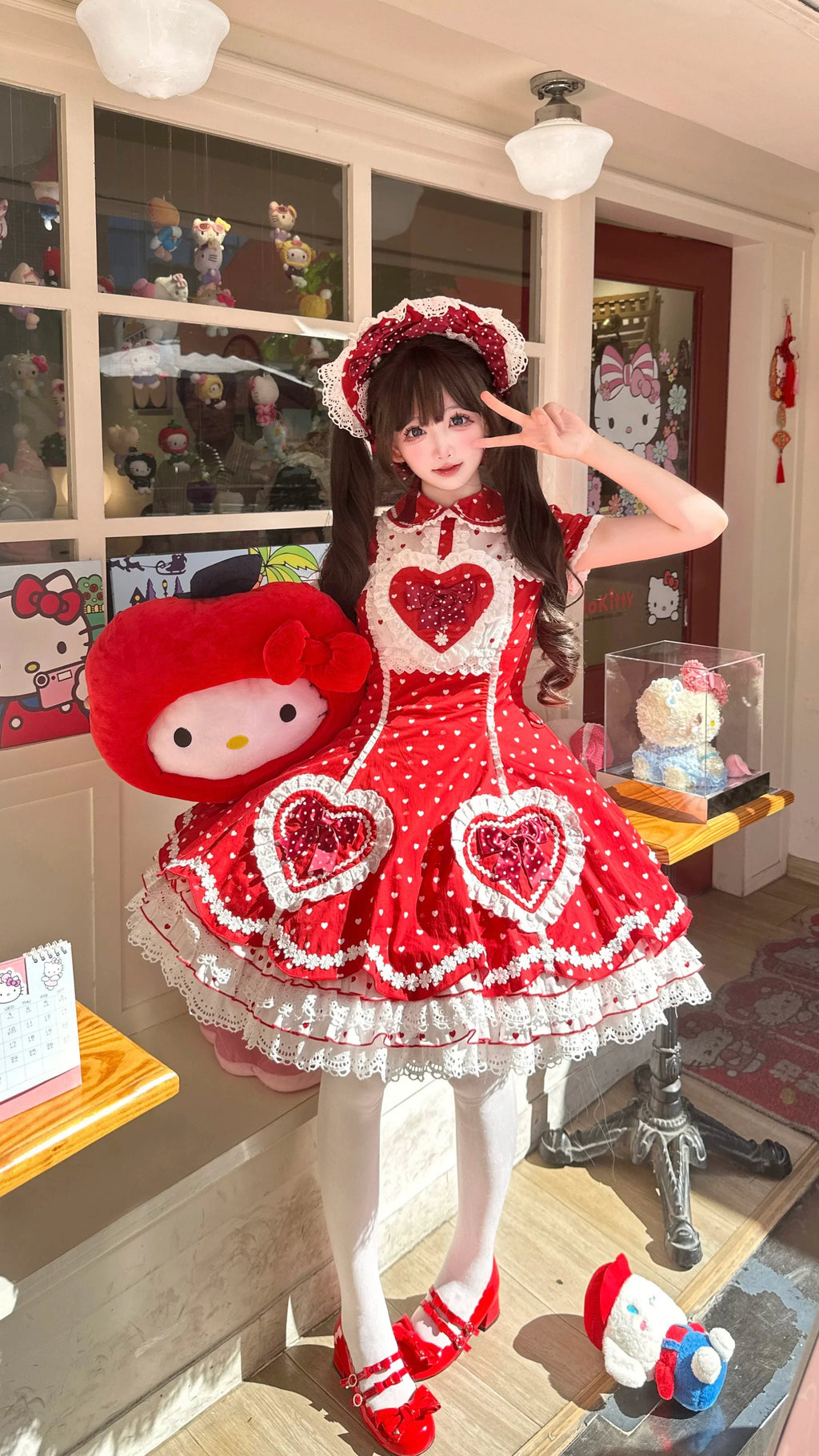 Maiden's Heart Knot - Cotton Old School Lolita Dress, Heart Polka Dot - image 3