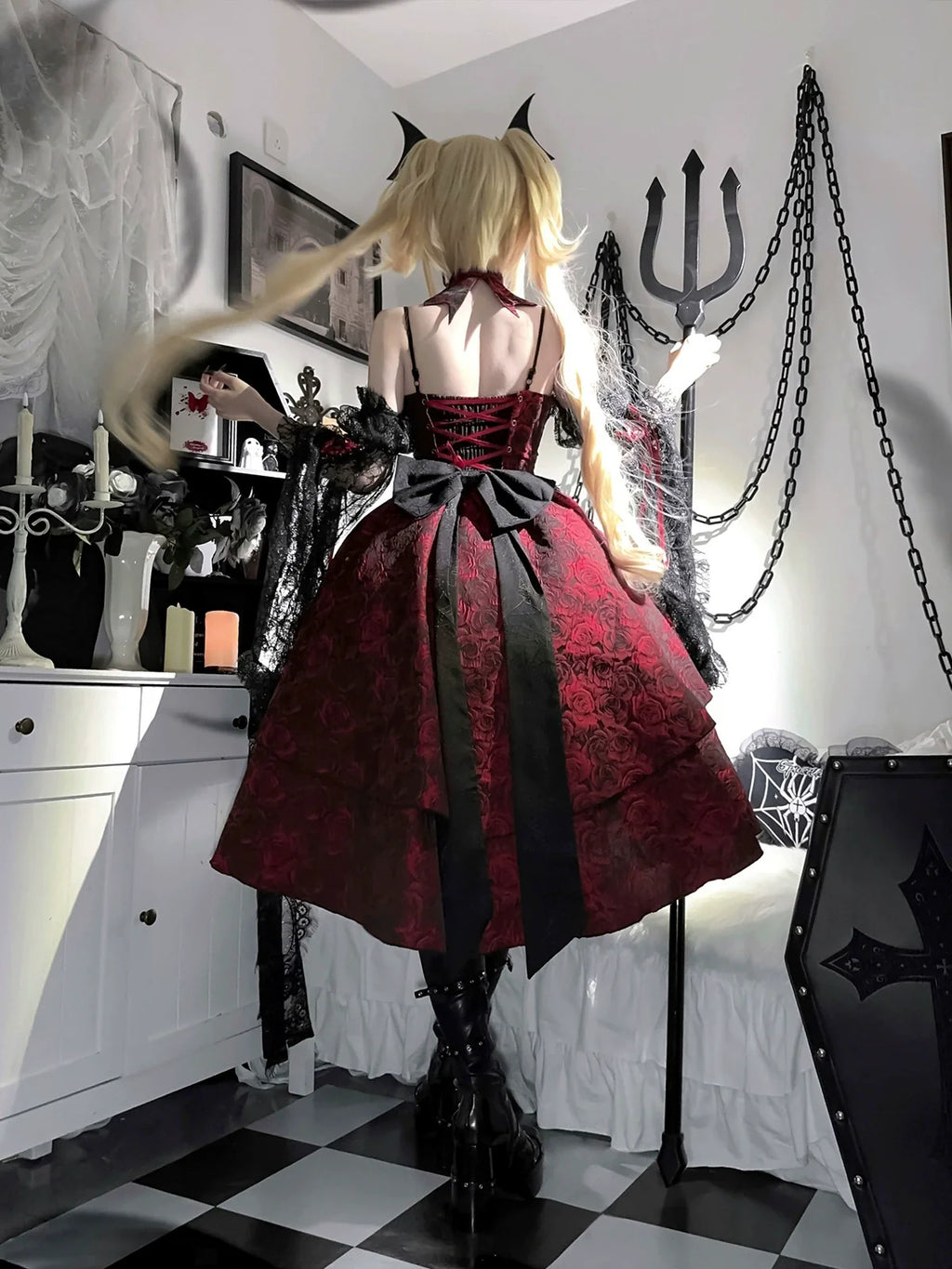 Rose Blood - Black Red Gothic Lolita JSK Jacquard Court Dress - image 13