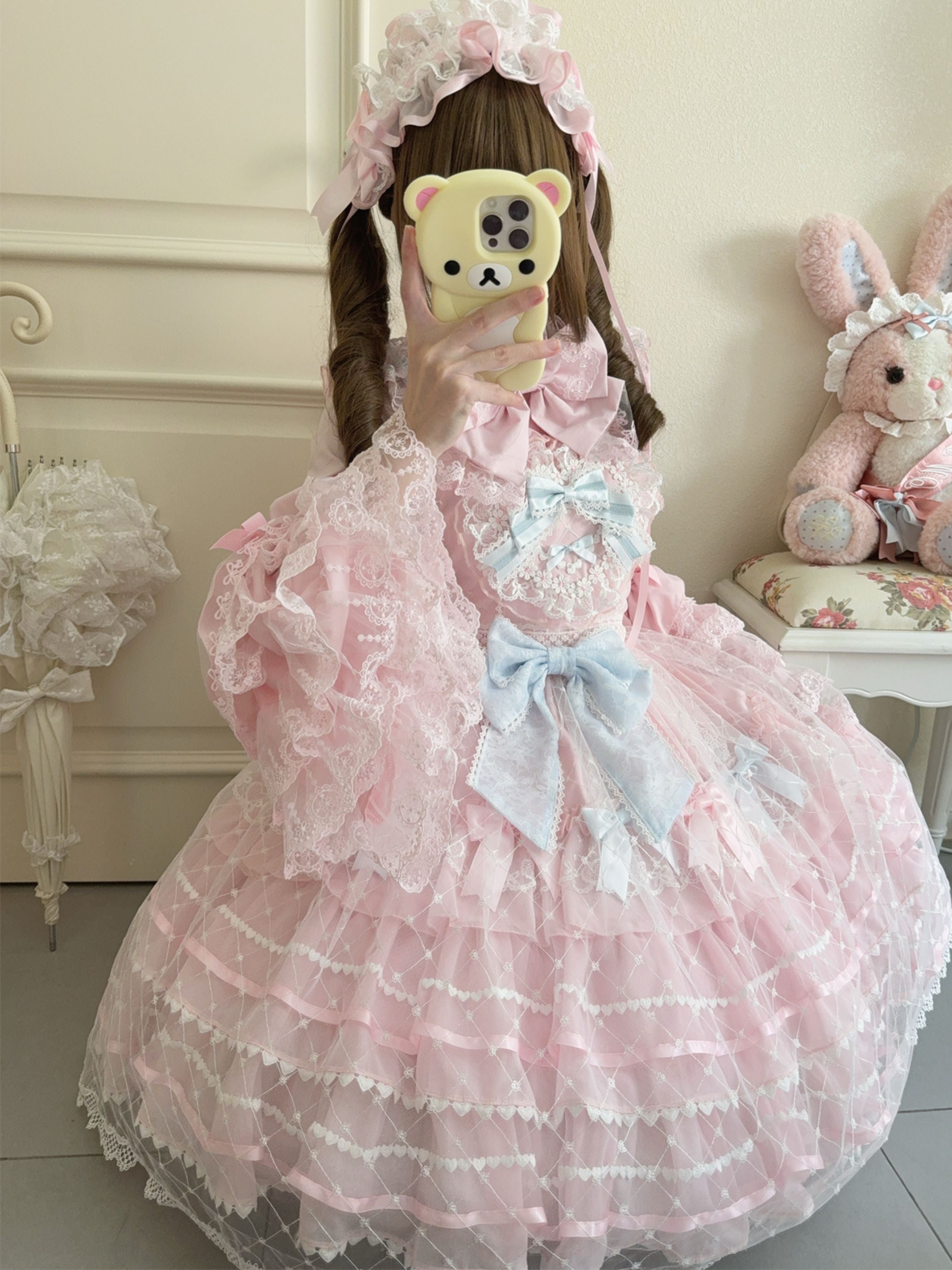 Spring Awakening - Sweet Lolita JSK and Princess-Sleeved Shirt with Lace Detail and Accessories - image 3