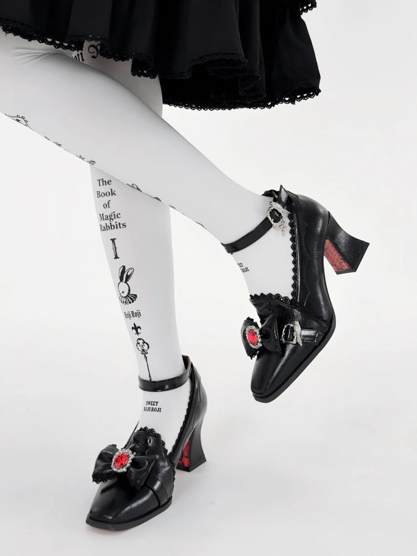 Night Banquet - Gothic Lolita Square-Toe Shoes with Ruby Bow - image 2