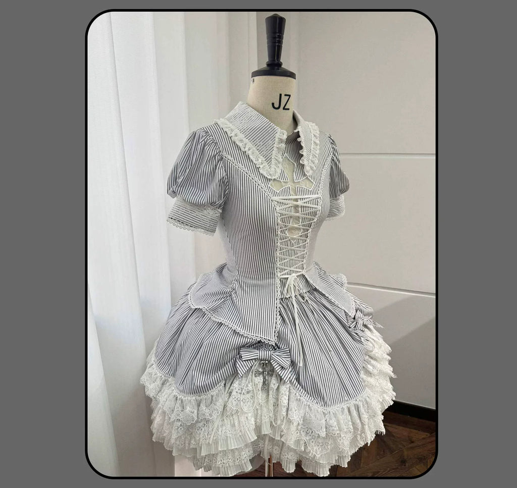 Striped Cross - Gothic Coordinated Lolita Set, Adjustable Blouse & Skirt - image 55