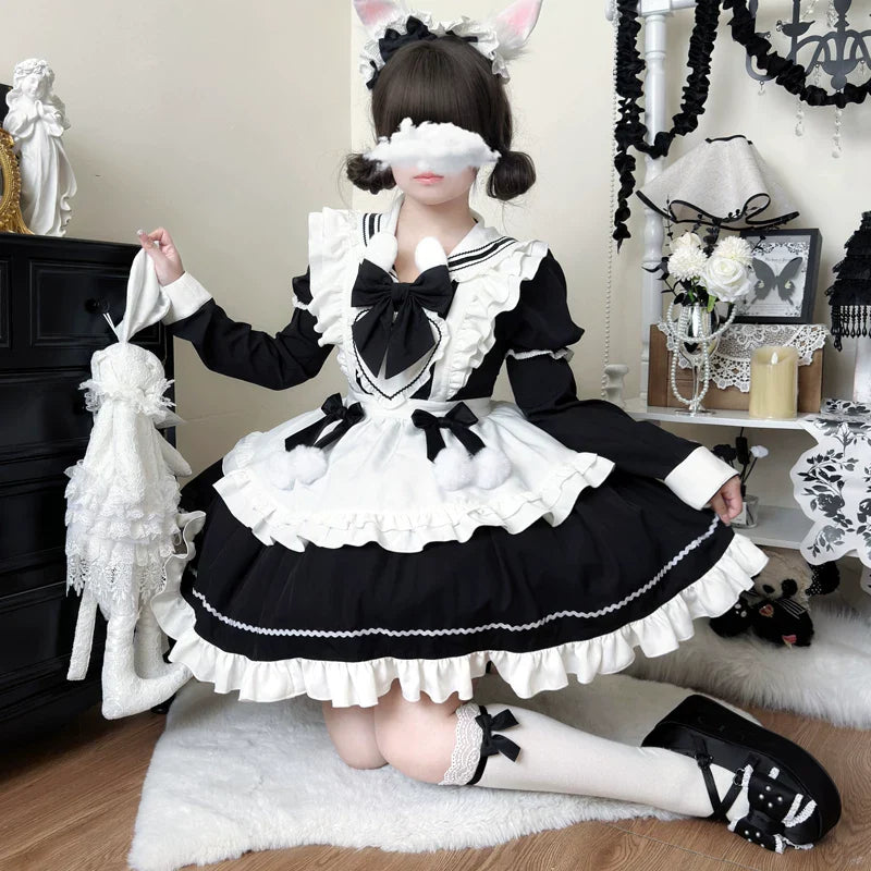 Sweet Bunny Pom-pom - Maid Lolita Bunny Ear Collar OP Dress, Detachable Apron and Accessories - image 6
