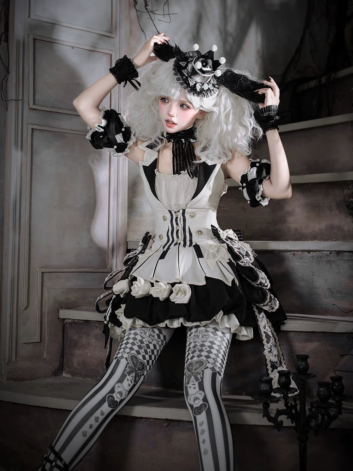 Black Candy Cane Stripe Circus Gothic Lolita Vest Skirt Full Set - image 5