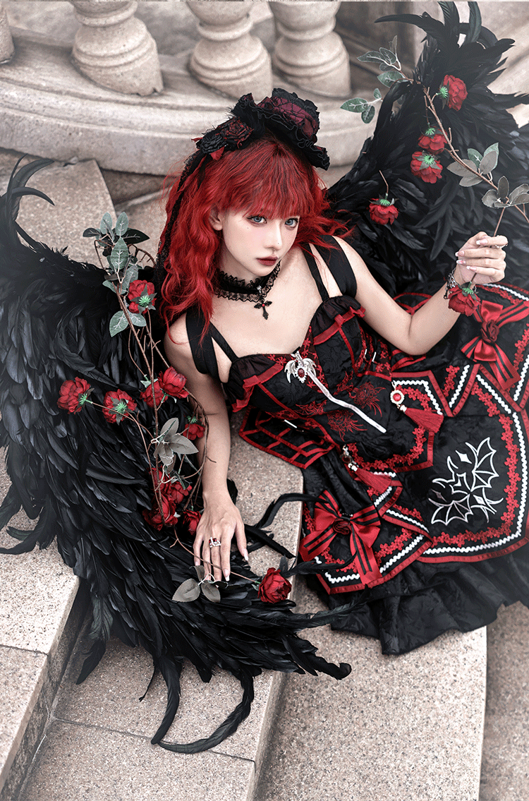 Dark Bat Motion - Gothic Lolita JSK Black Red Goth JSK Dress - image 5