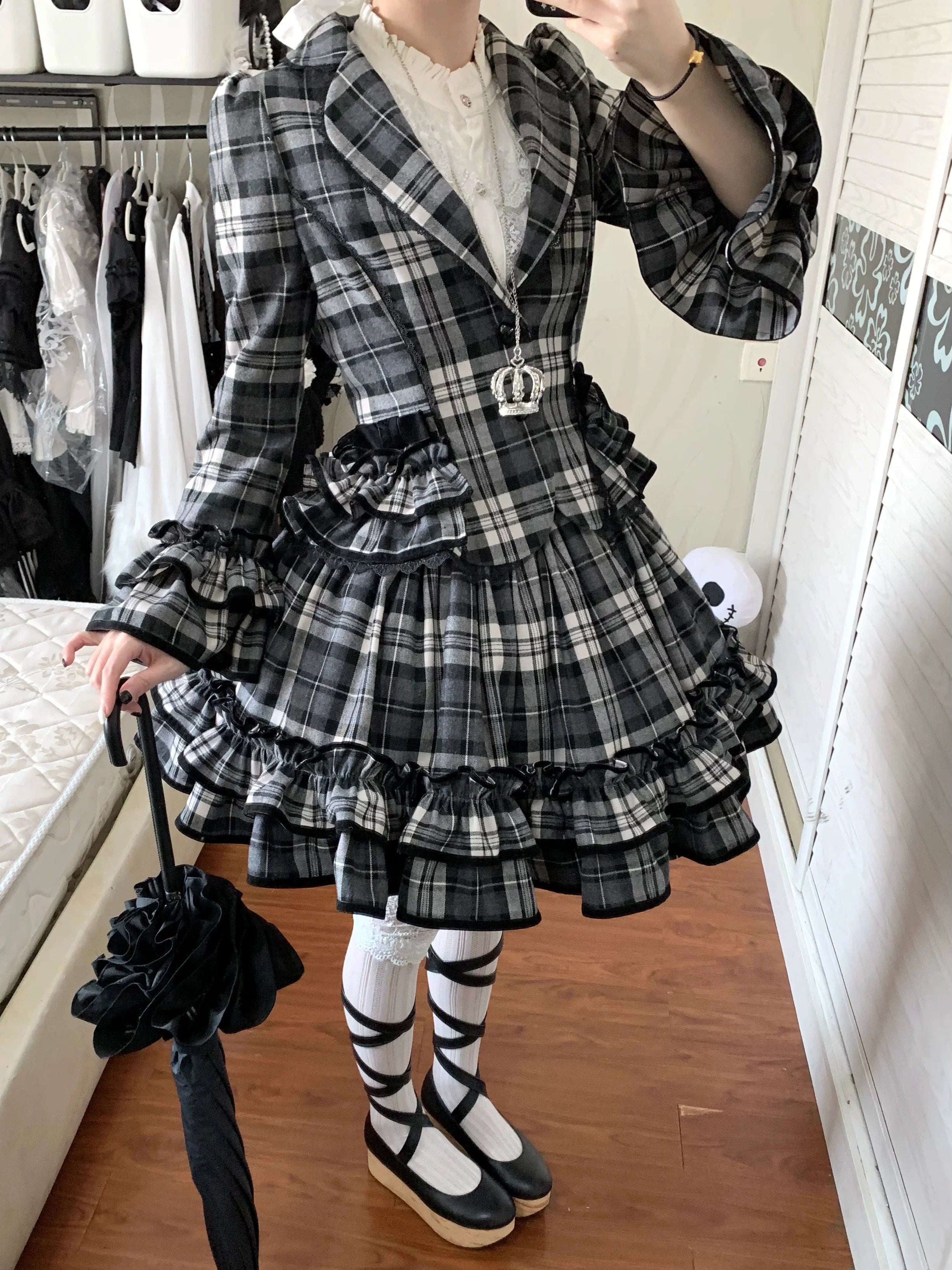 Chris's Notes - Old School Lolita Plaid Coat Set, Tiered Skirt - image 8