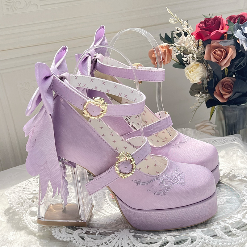 Floating Koi Land - Satin Classic Lolita Platform Shoes with Transparent Heel - image 27