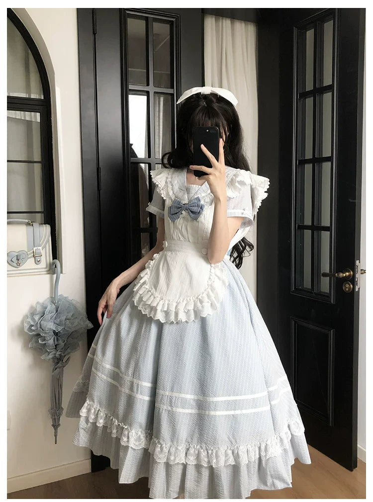Seven-Day Bell - Blue Classic Lolita Striped OP Dress, Sailor Collar - image 13