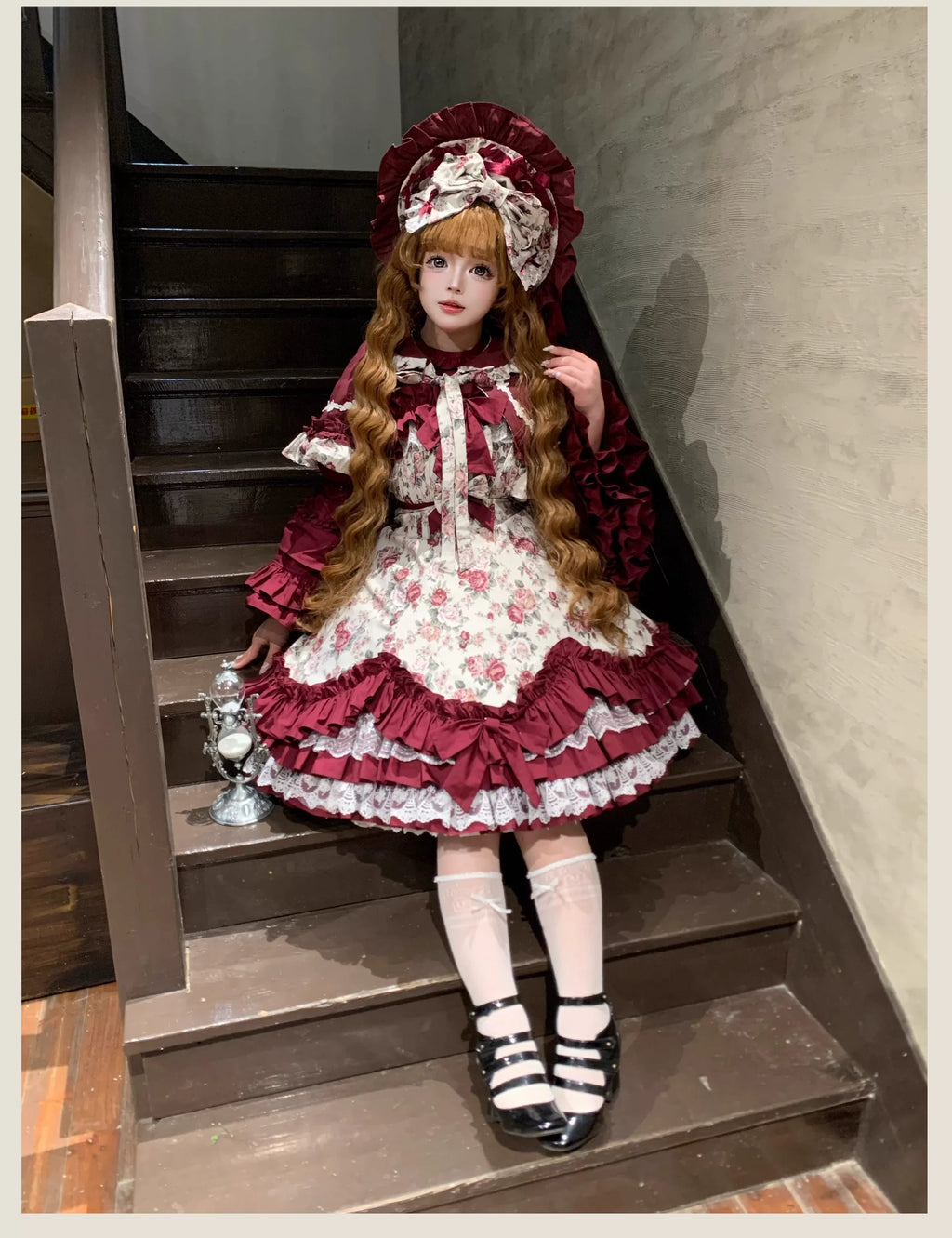 Burgundy Rose - Floral Printed Old School Lolita JSK, Elegant Cape and Accessories - image 3