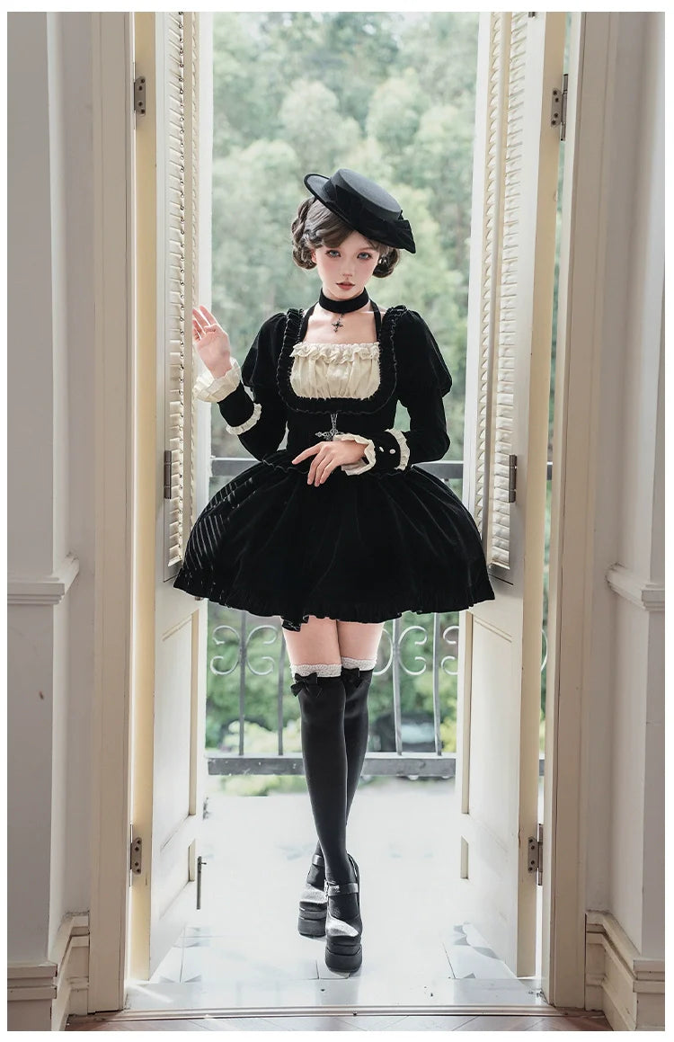 Apocalypse - Gothic Lolita Velvet OP Dress Set, Fishbone Waist - image 17