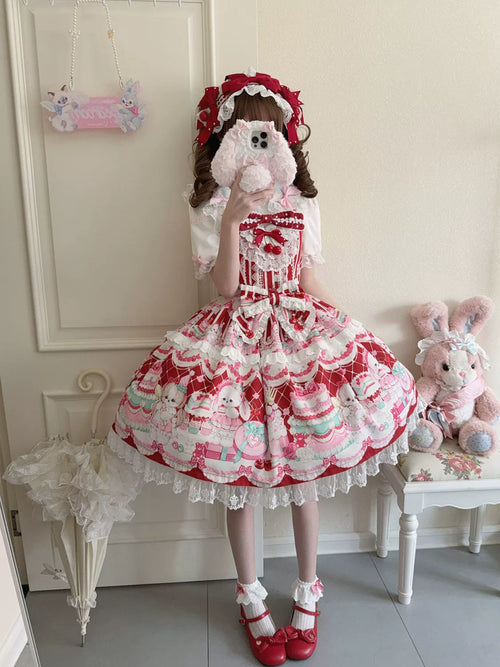 Cherry Bake Song - Kawaii Lolita JSK Dress With Dessert Print & Cherry Bow - image 1