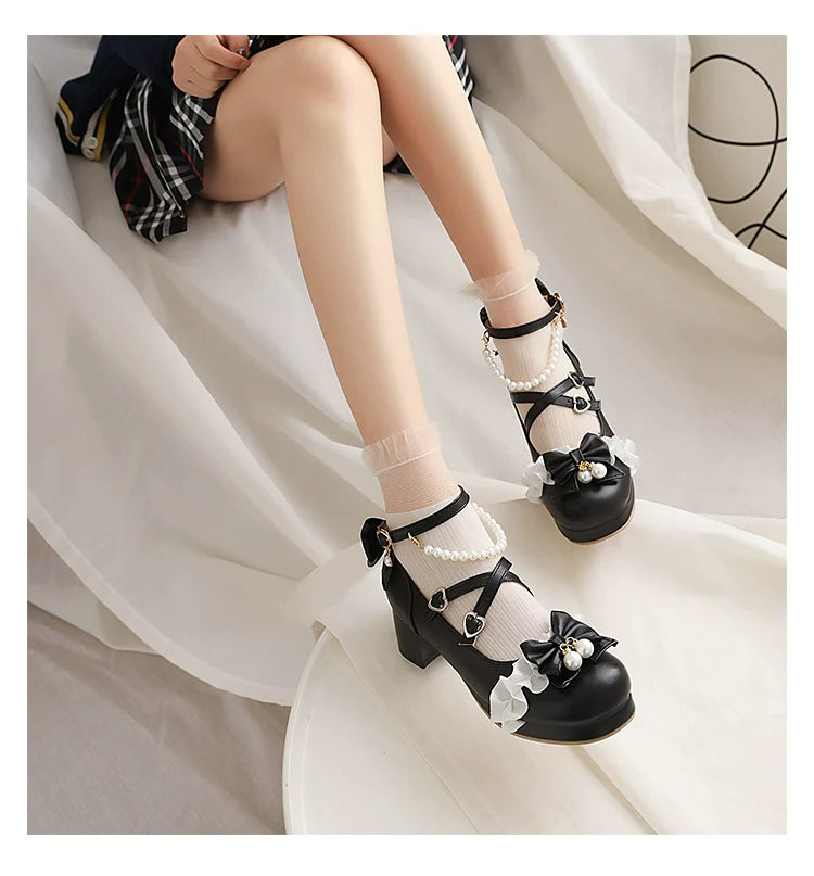 Round Toe Sweet Lolita Shoes, Detachable Pearl Chain - image 11