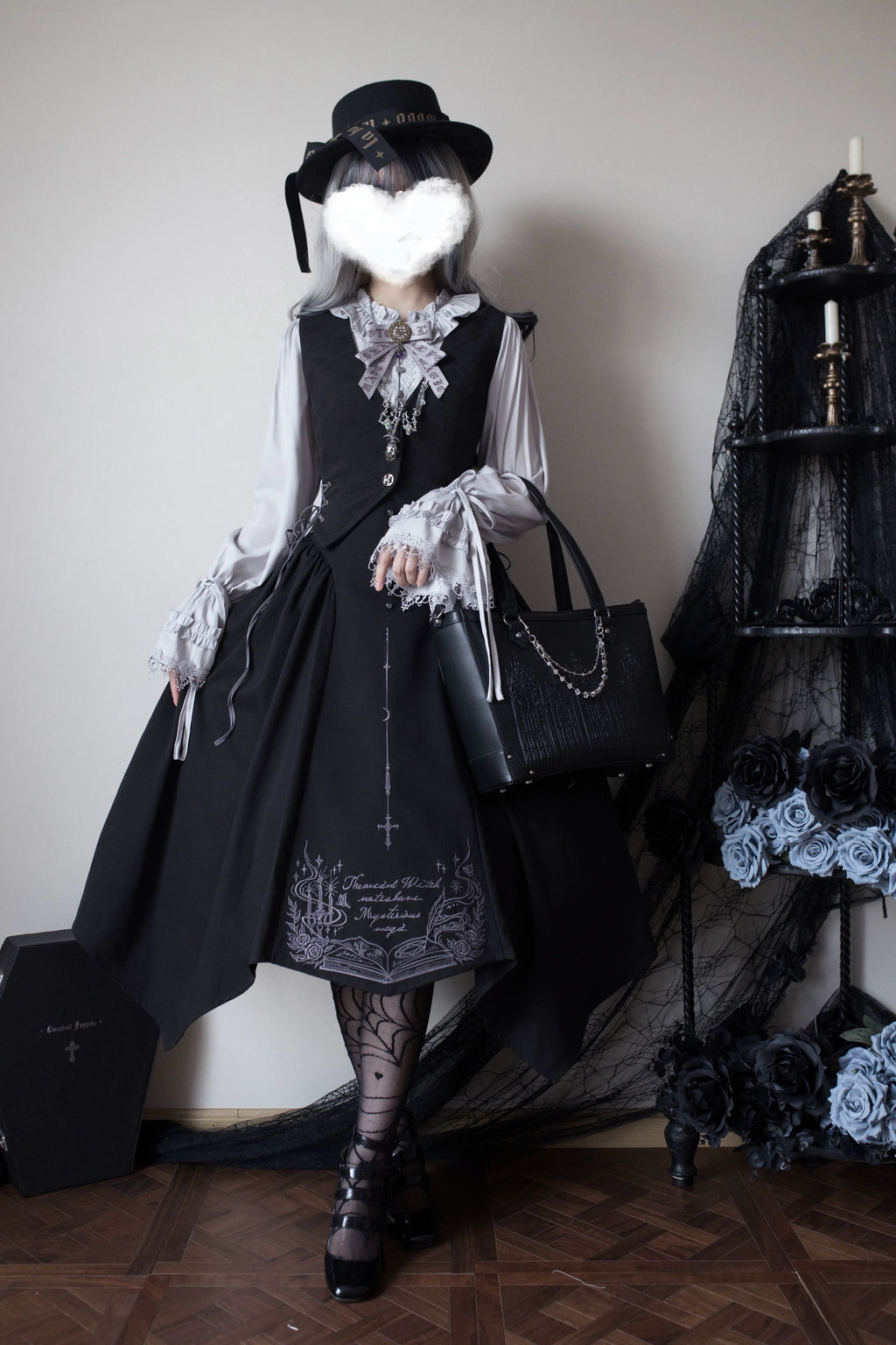 Witch Notes - Gothic Lolita Embroidered Dress Suit, Cross and Rose Print - image 15