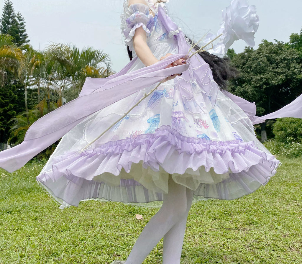 Coral Jellyfish - Sweet Lolita High-waist JSK Dress, Jellyfish & Coral Print and Accessories - image 28