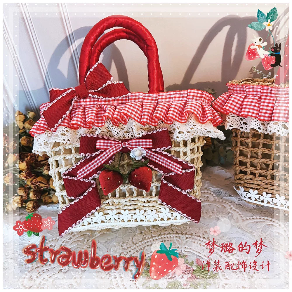 Country Lolita Straw-Woven Bag, Strawberry Accent - image 7