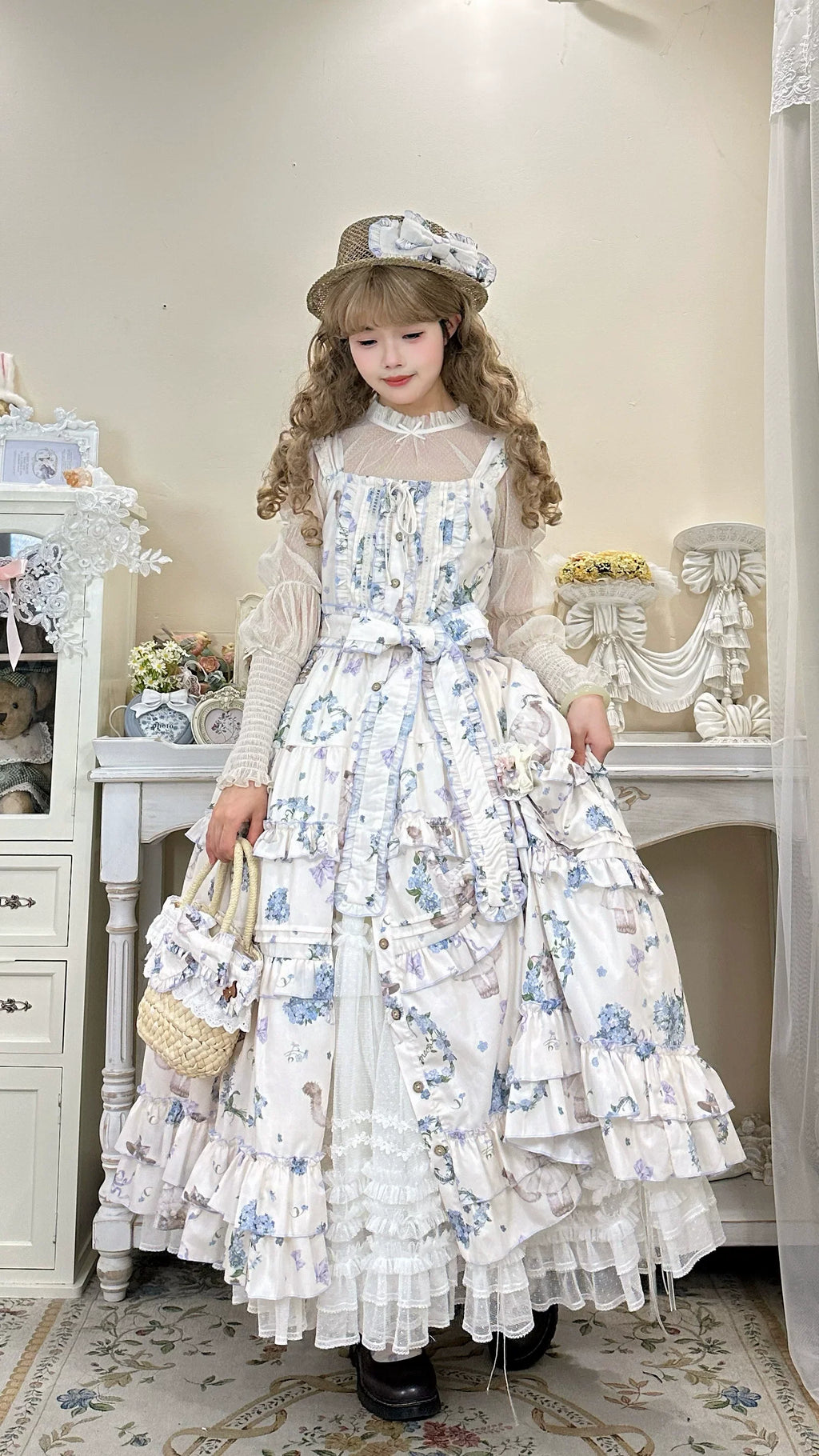 Meow Wreath - Classic Lolita Button Closure JSK Dress, Cat and Wreath Print - image 5