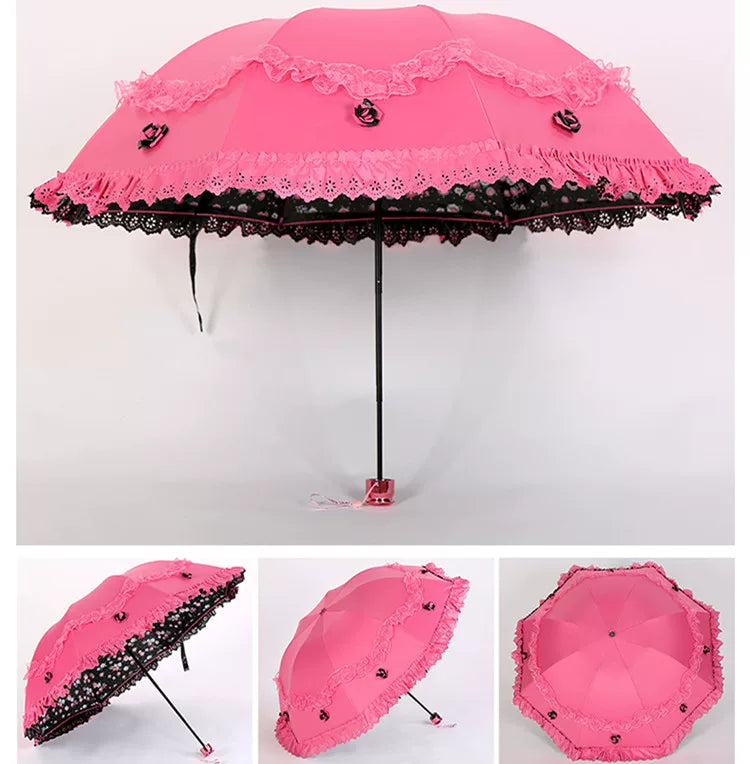 Foldable Lolita Parasol, Floral and Embroidery Detail - image 17
