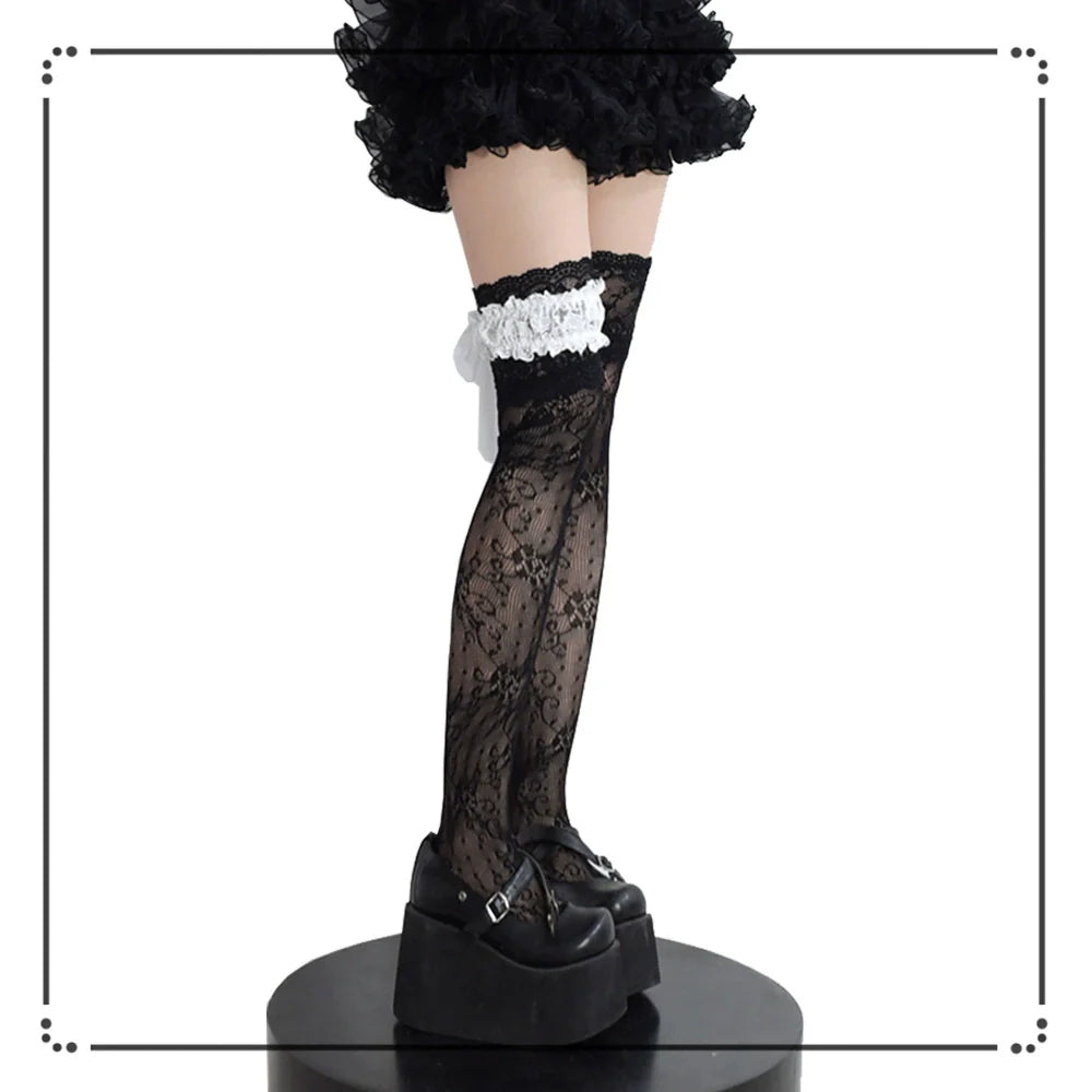 Wuxiaoliu Gothic Lolita Lace Stockings with Bow Garter - image 9