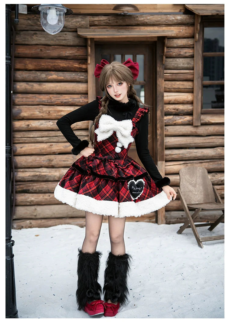 Snow Night Serenade - Fluffy Plaid Kawaii Lolita JSK, Reversible Cape and Accessories - image 9
