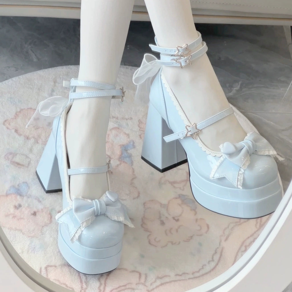 Puff Party - Elegant Lolita Chunky Heel Shoes with Bows and Straps - image 11