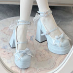 Puff Party - Elegant Lolita Chunky Heel Shoes with Bows and Straps - image 11