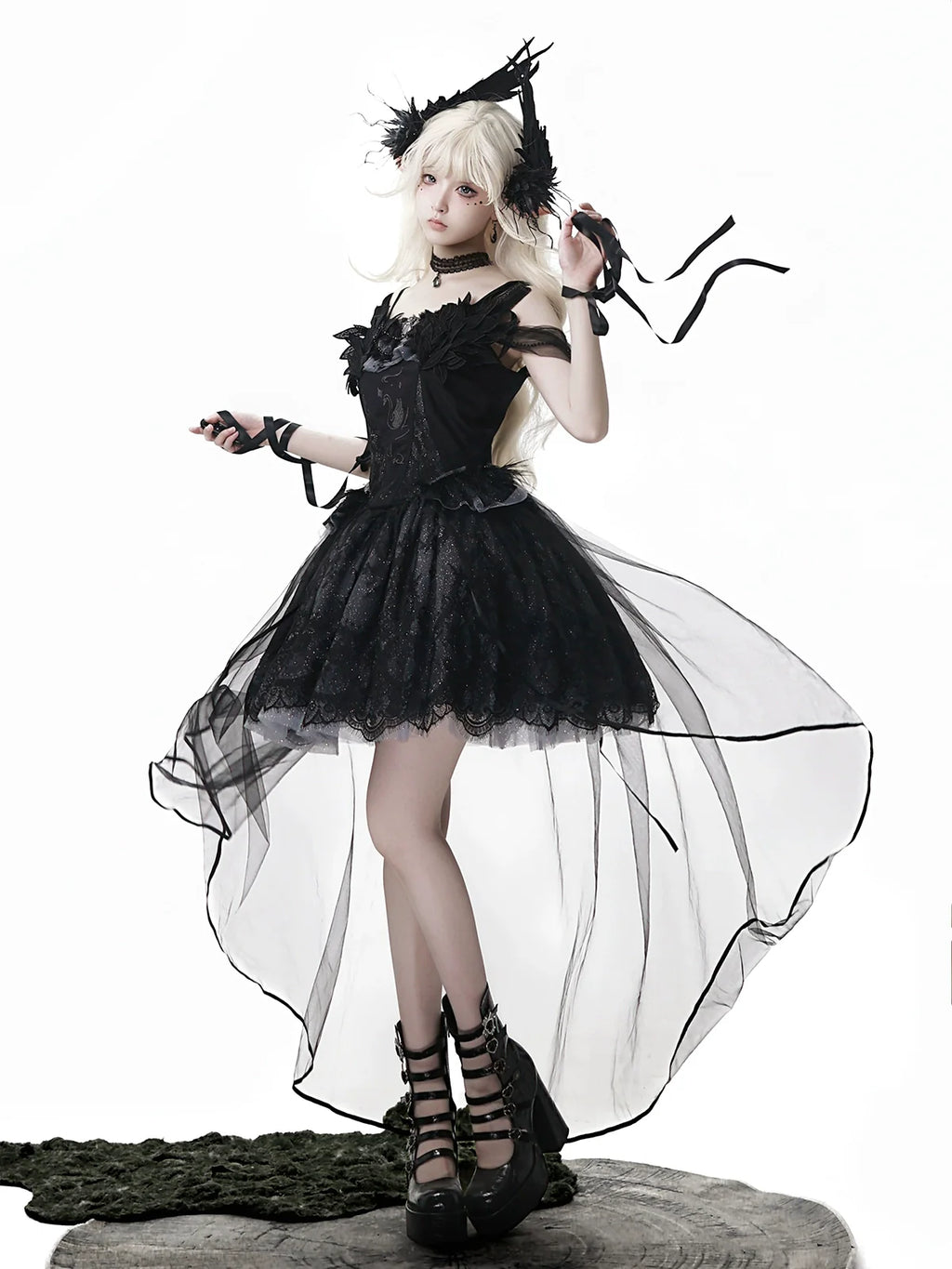 Star Swan Dream - Black Gothic Lolita JSK Dress, Swan Embroidery - image 8