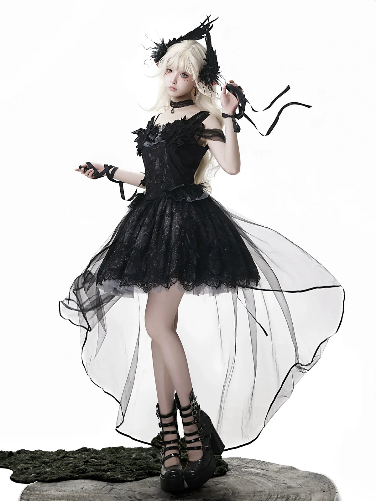 Star Swan Dream - Black Gothic Lolita JSK Dress, Swan Embroidery - image 8
