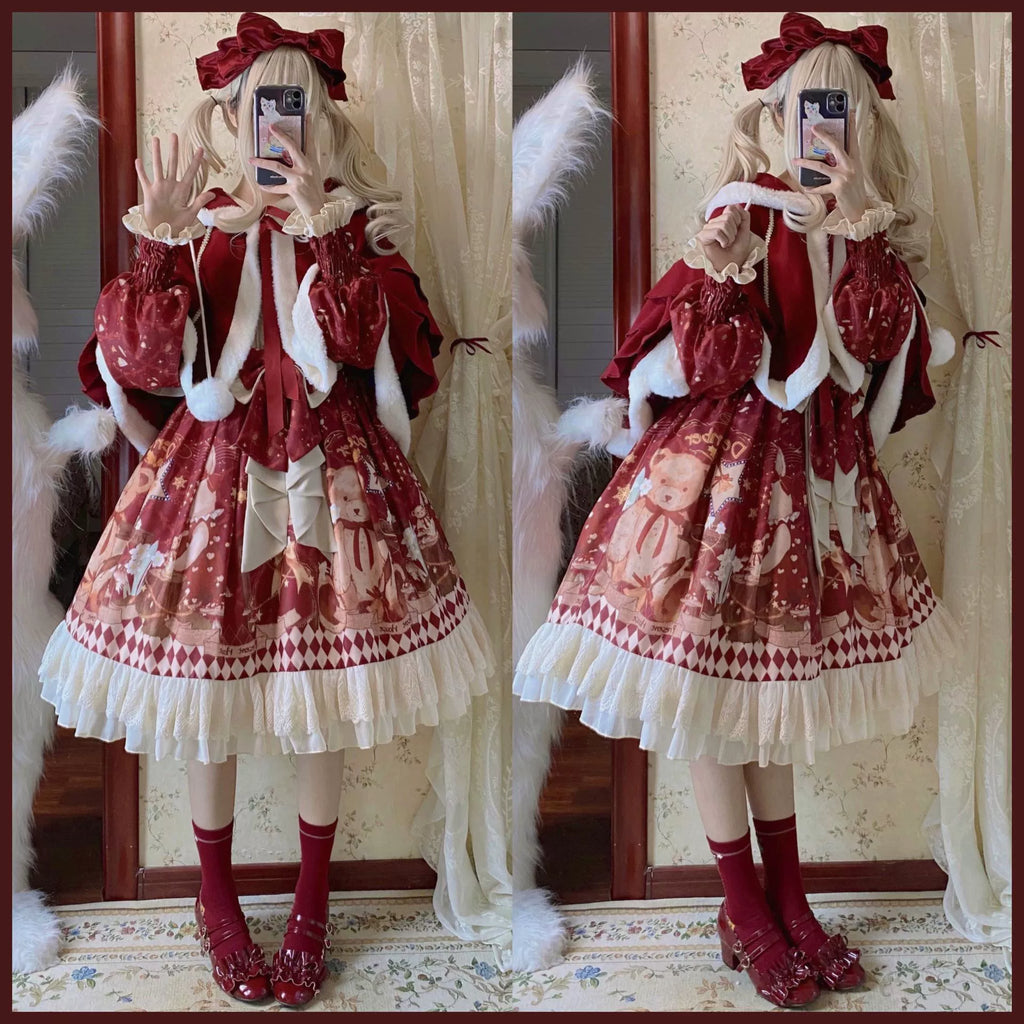 Sweet Bear Gift House - Sweet Lolita Suit Christmas Lolita OP and Cape - image 2
