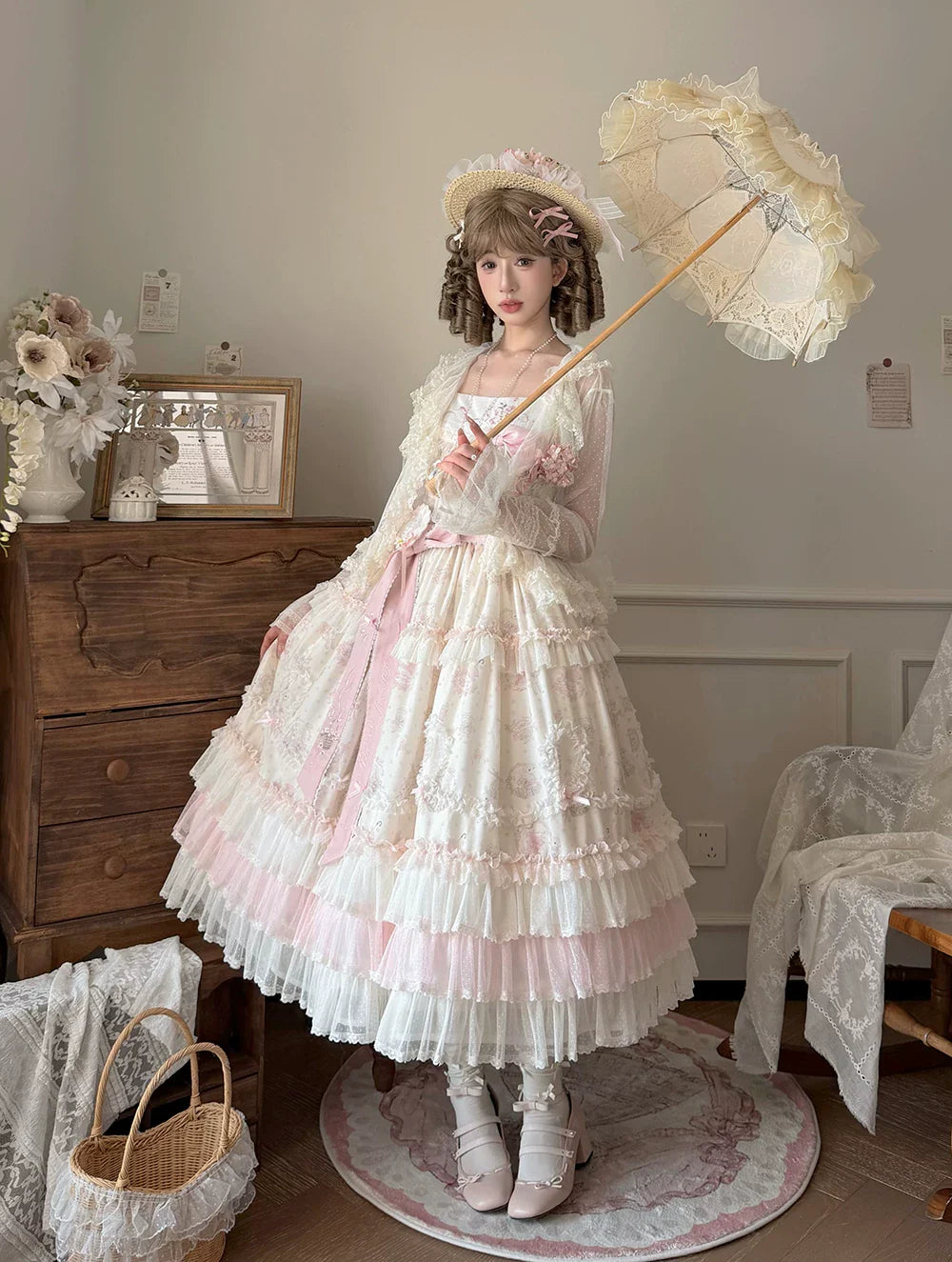 Bloom Lamb - Classic Lolita Embroidered JSK Dress, Tiered Hem - image 10