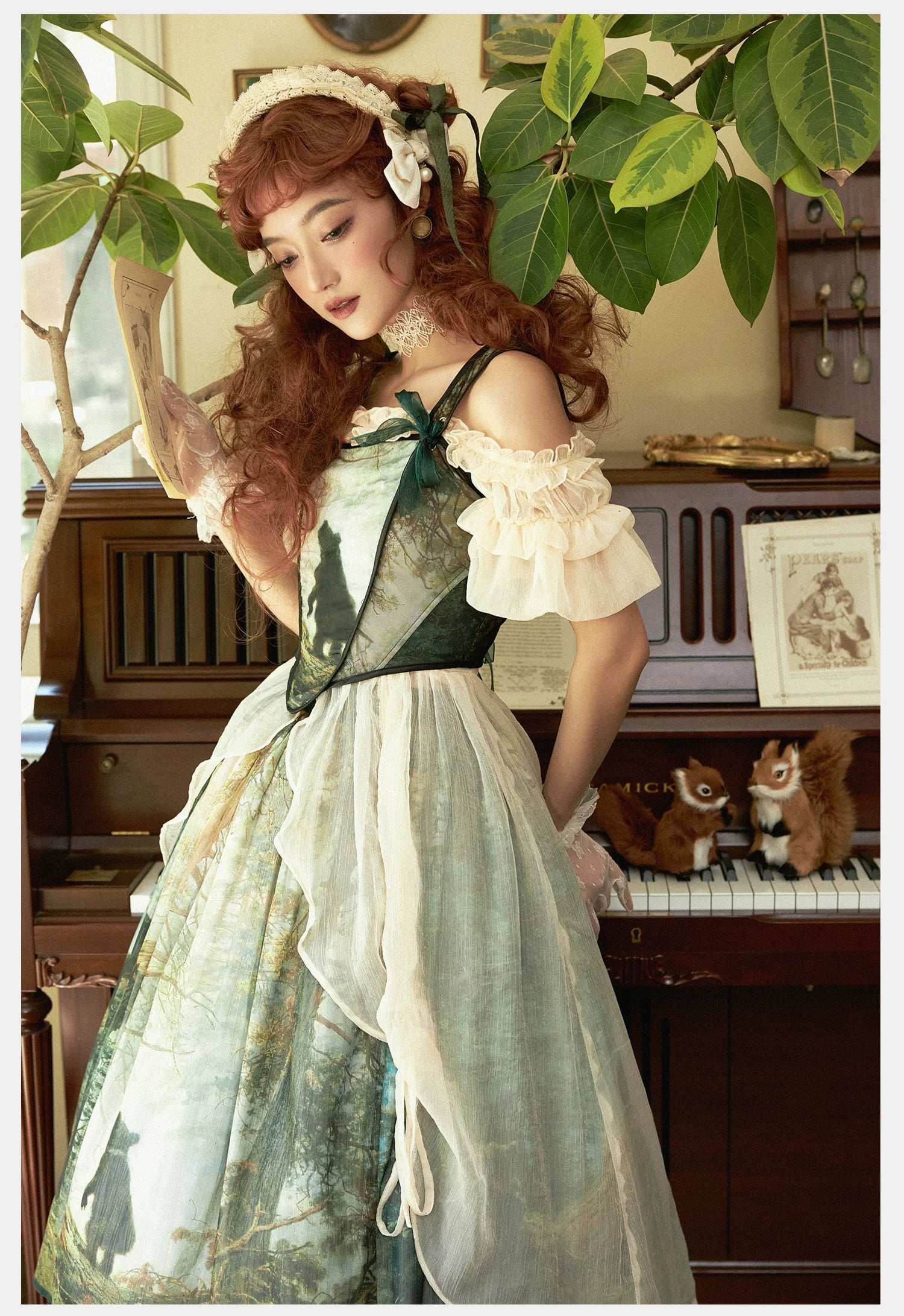 Cyan - Morning of Pine Forest - Elegant Lolita Bear Print Skirt - image 3