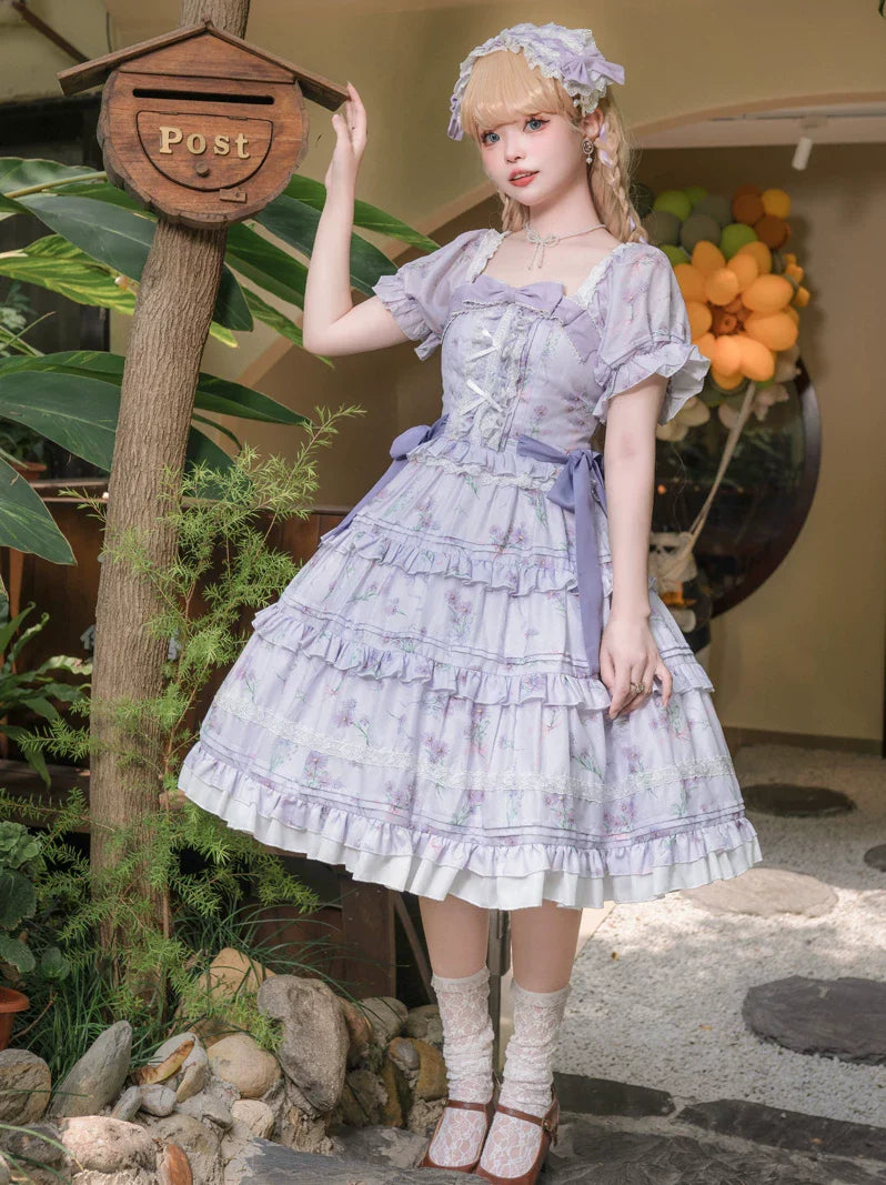 Purple Blossom Romance - Chiffon Classic Lolita OP Dress, Floral Print and Accessories - image 3