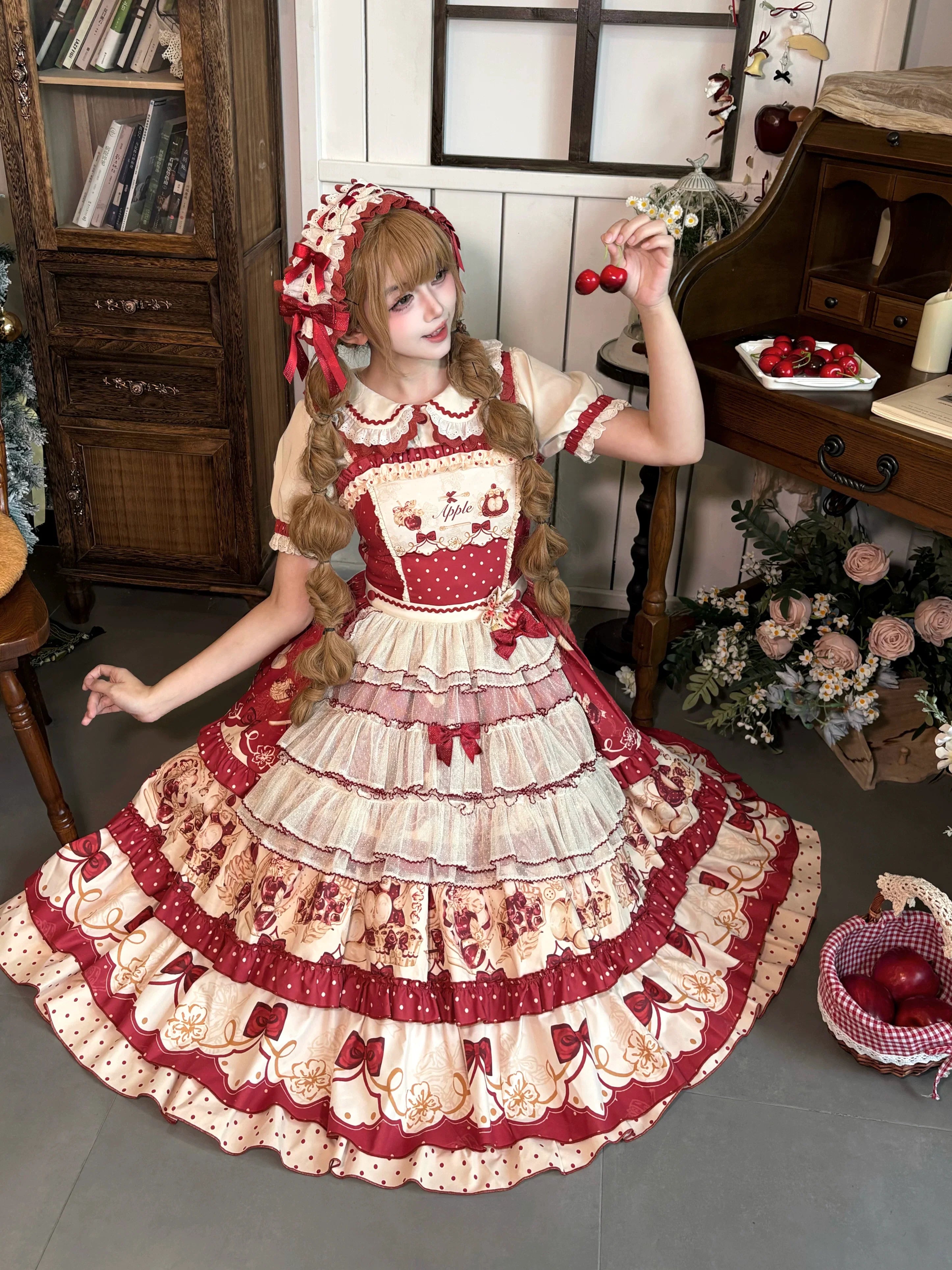 A Red Apple - Sweet Lolita JSK Dress, Tiered Hem Apron and Accessories - image 5