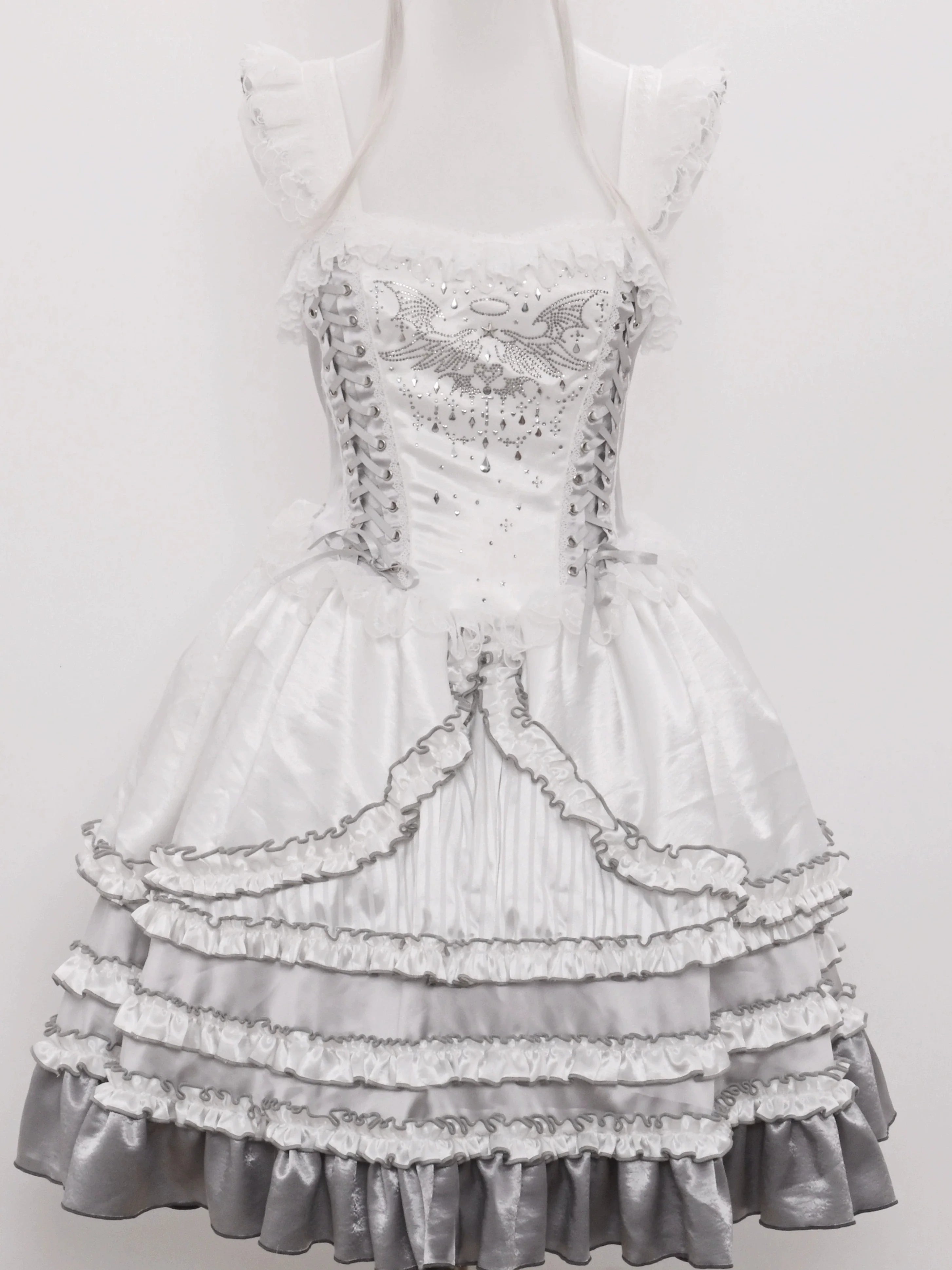 Metallic Angel - Silver-white Punk Lolita JSK, Wing and Rhinestone Details - image 39