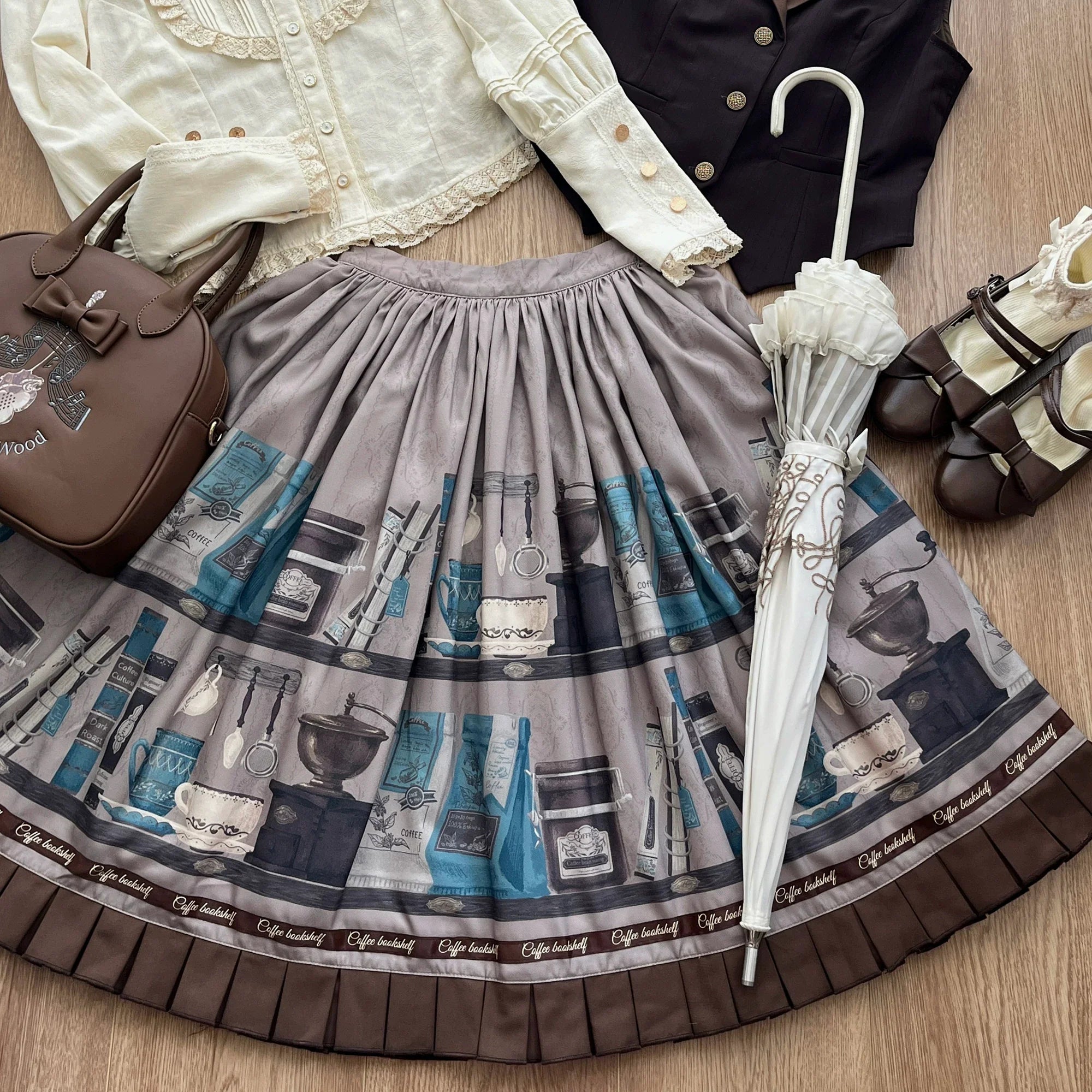 Coffee Bookshelf - Classic Lolita JSK and SK Set, Coffee Cup and Book Print - image 13