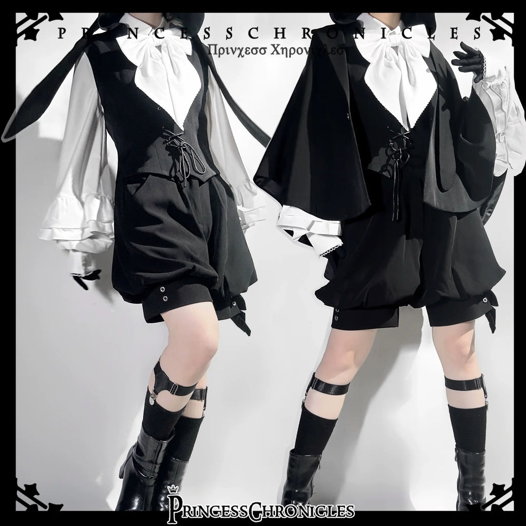 Rabbit Feather - Black Ouji Lolita Vest Shorts Suit Prince Cloak Set - image 2