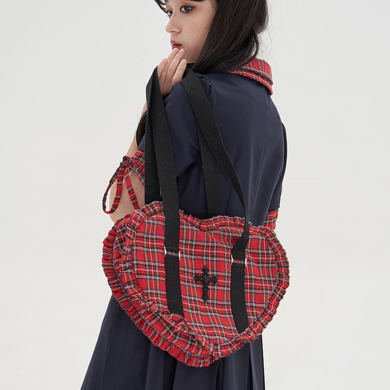 Vintage Lolita Heart Shaped Plaid Dot Print JK Uniform Bag - image 32