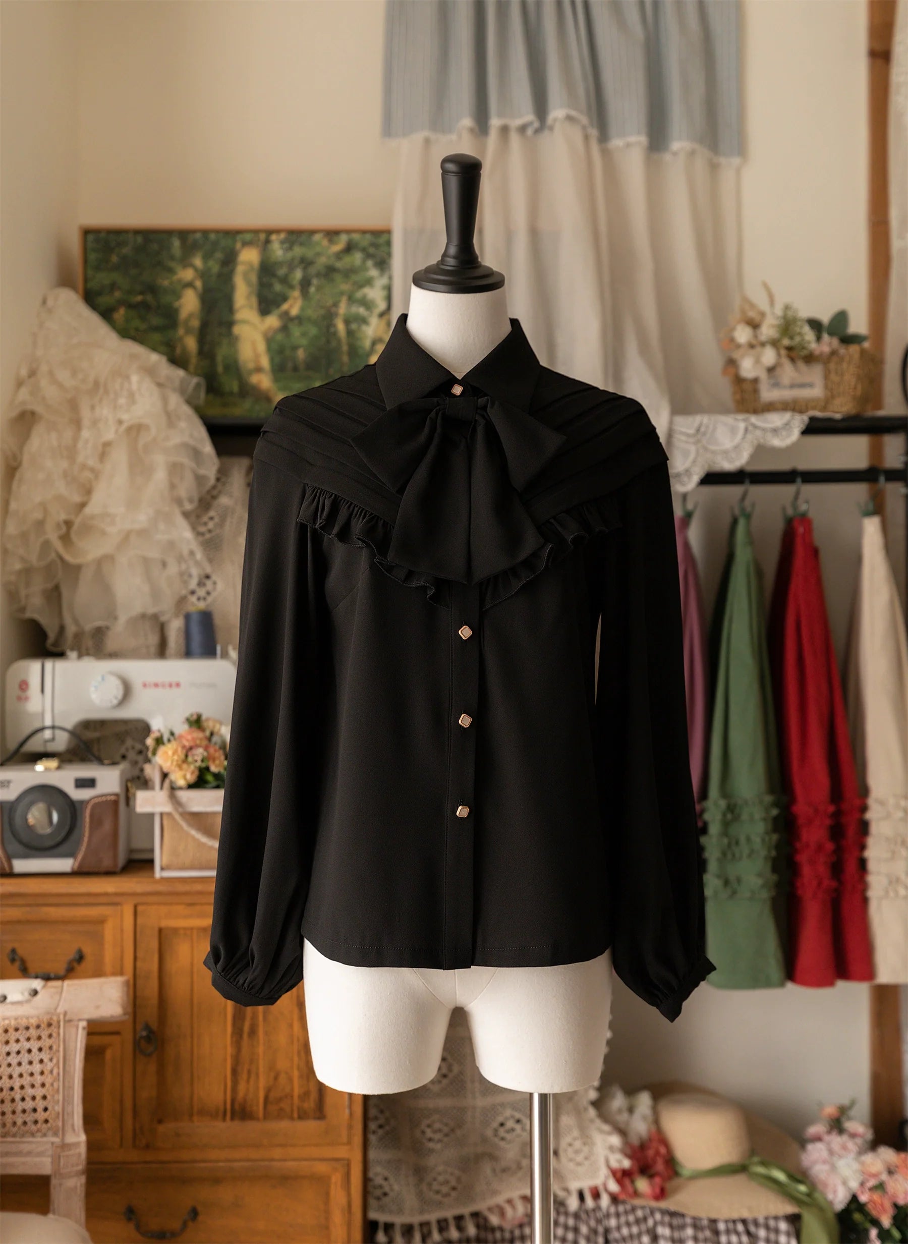 Forest Basket Elegant Lolita Blouse with Vintage Bow Tie - image 3
