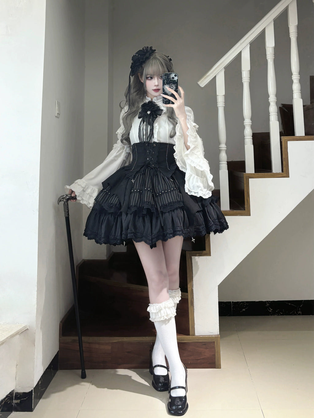 Trace Bone Black Gothic Lolita Skirt and Waist Cincher Set - image 4