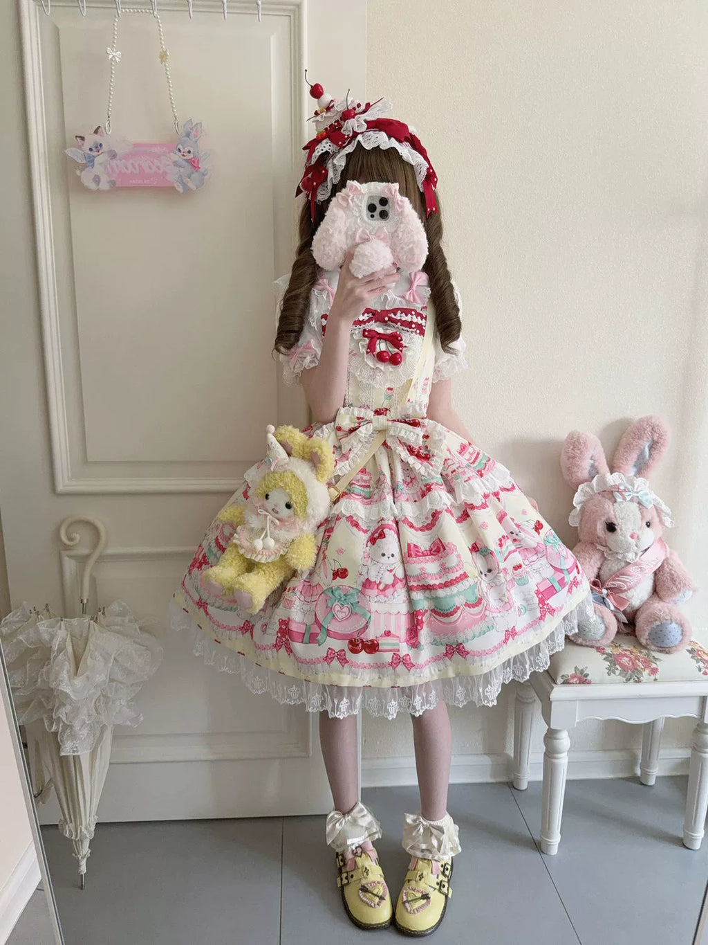 Cherry Bake Song - Kawaii Lolita JSK Dress With Dessert Print & Cherry Bow - image 17