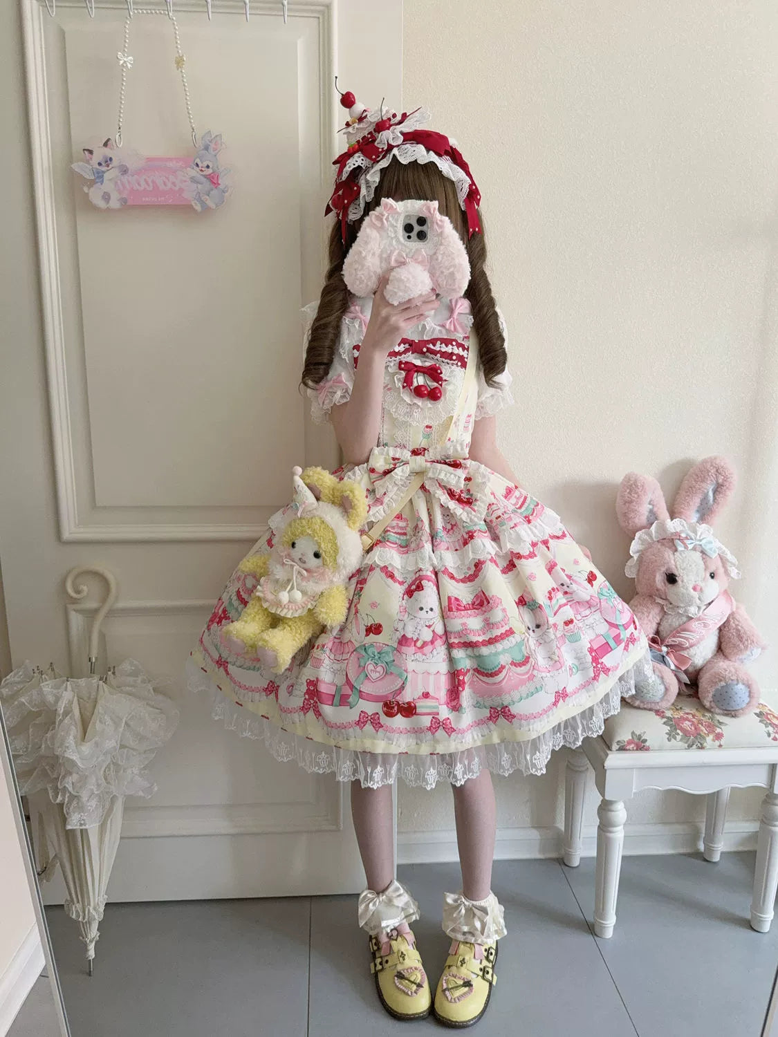 Cherry Bake Song - Kawaii Lolita JSK Dress With Dessert Print & Cherry Bow - image 17