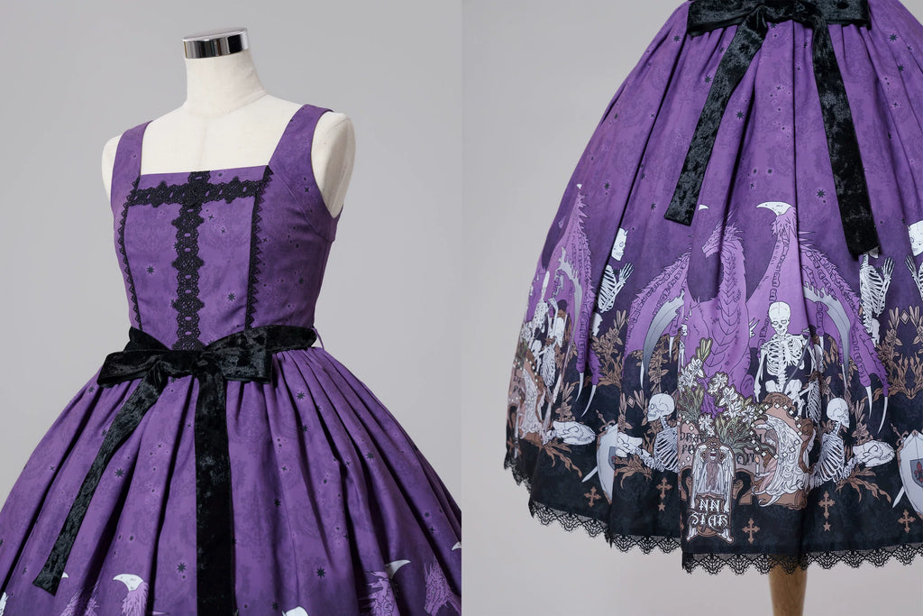 Dragon Bone Lily - Vintage Gothic Lolita Dragon & Skeleton Print JSK Dress and Accessories - image 13