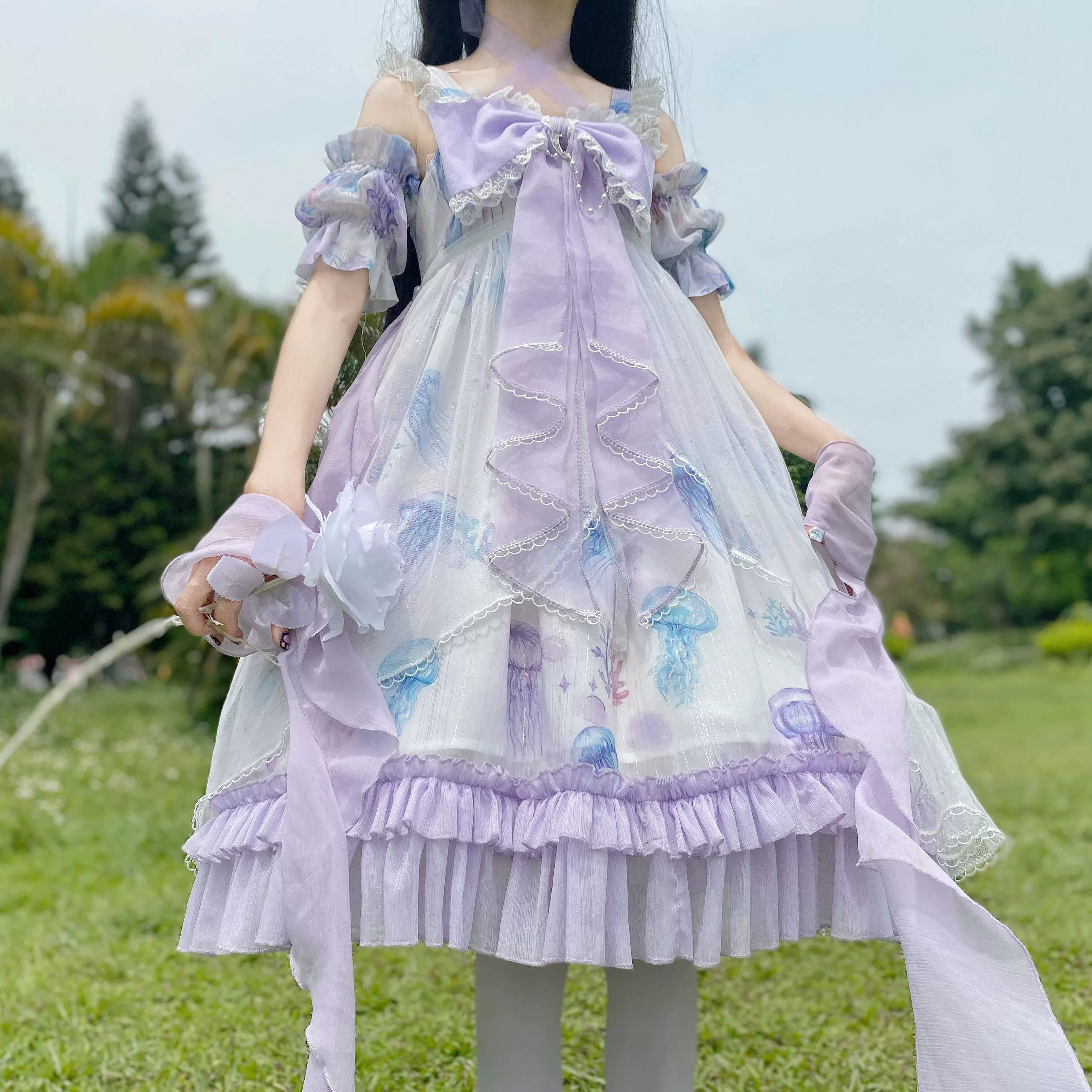 Coral Jellyfish - Sweet Lolita High-waist JSK Dress, Jellyfish & Coral Print and Accessories - image 10