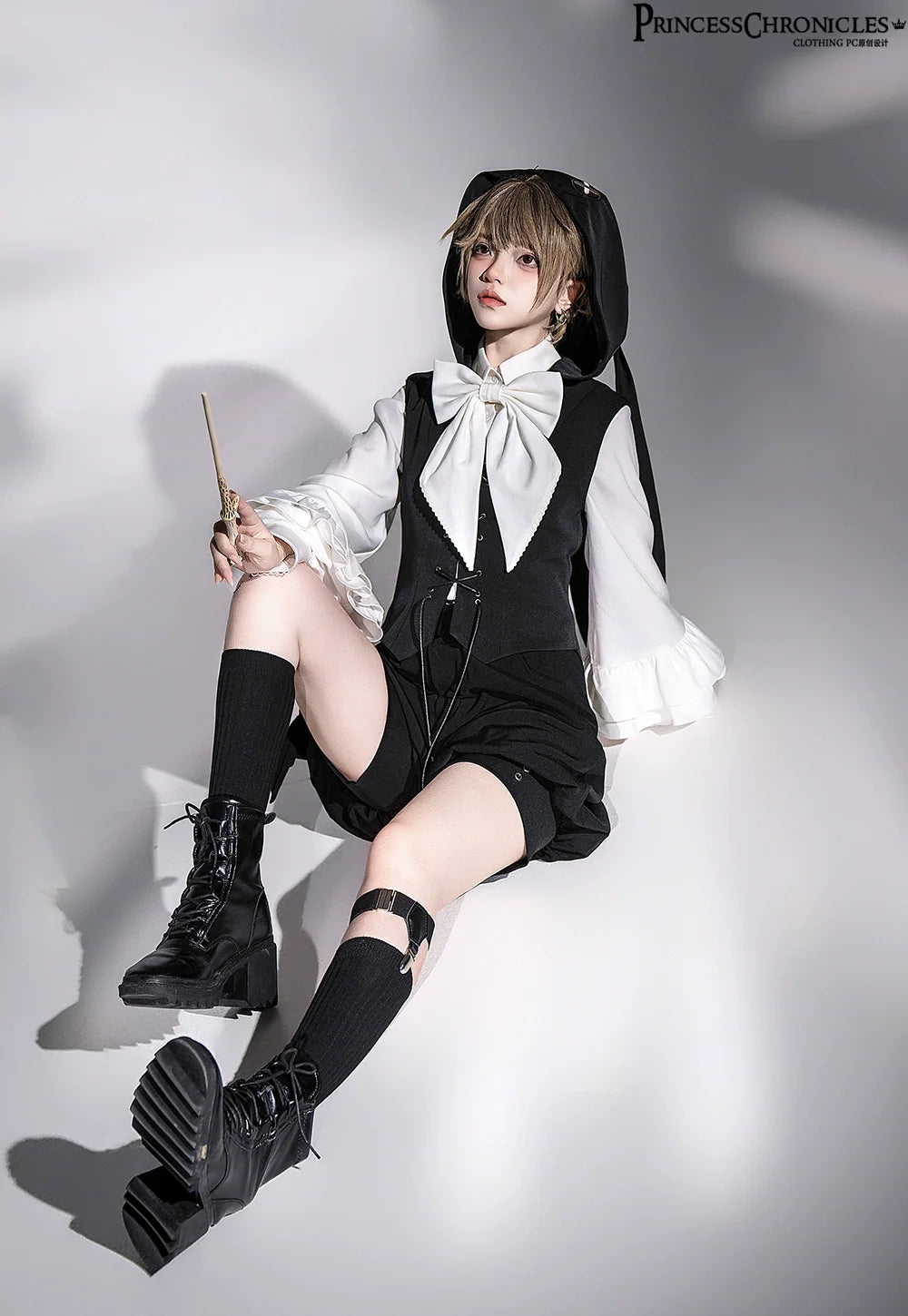 Rabbit Feather - Black Ouji Lolita Vest Shorts Suit Prince Cloak Set - image 10