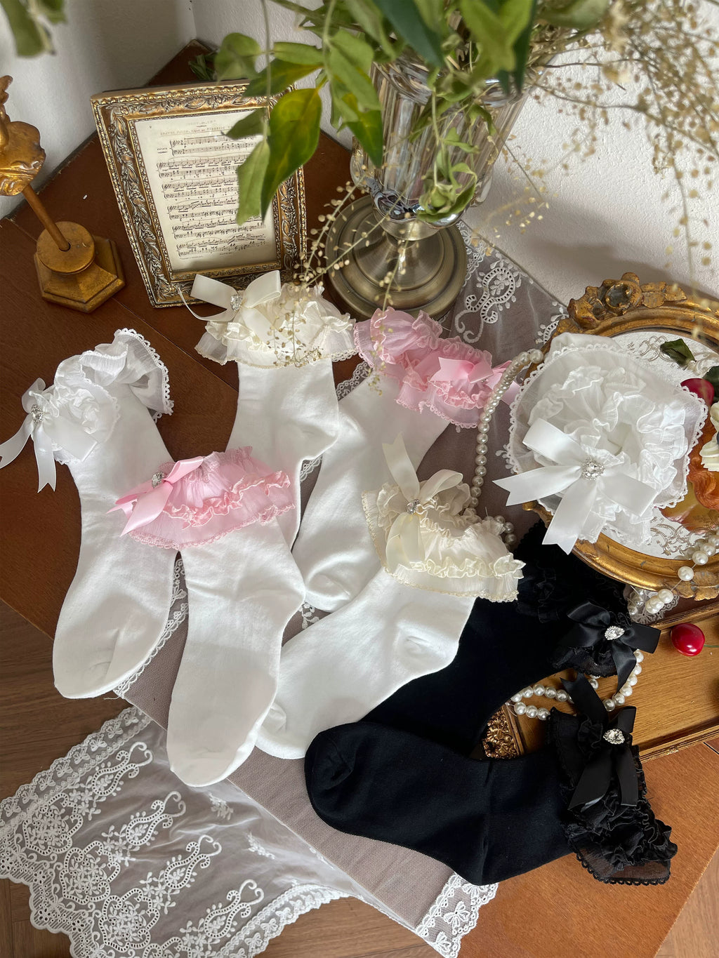 Sweet Lolita Short Socks with Bow and Heart Rhinestone - image 2