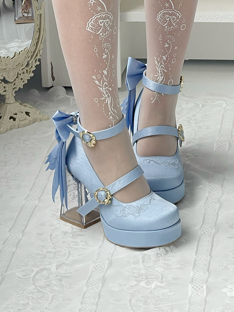 Floating Koi Land - Satin Classic Lolita Platform Shoes with Transparent Heel - image 8
