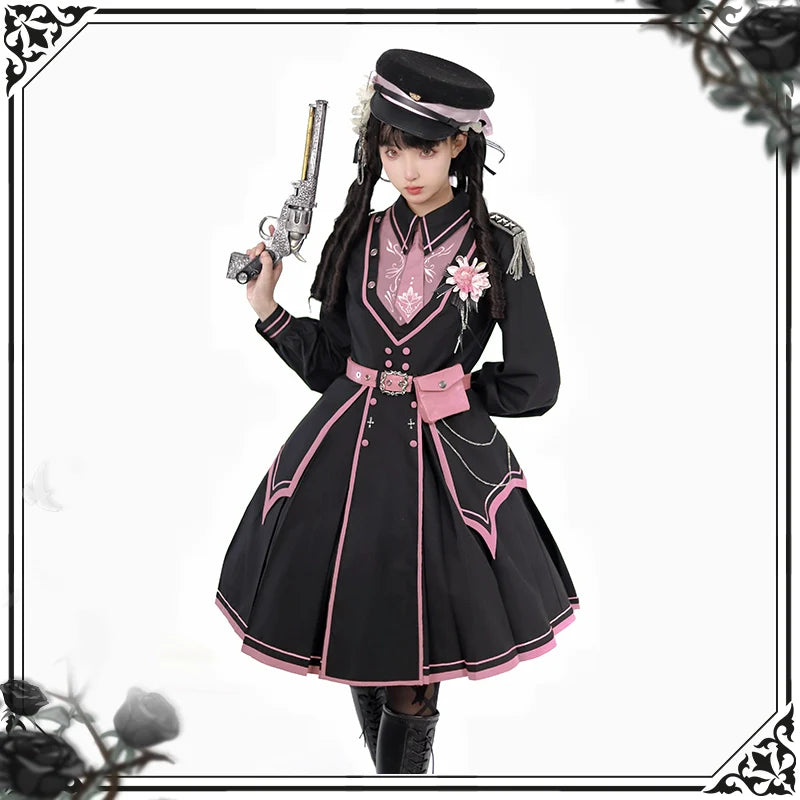 Chunlv Dark Pink Military Lolita OP Dress and Cloak - image 11