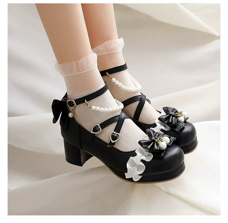 Round Toe Sweet Lolita Shoes, Detachable Pearl Chain - image 9