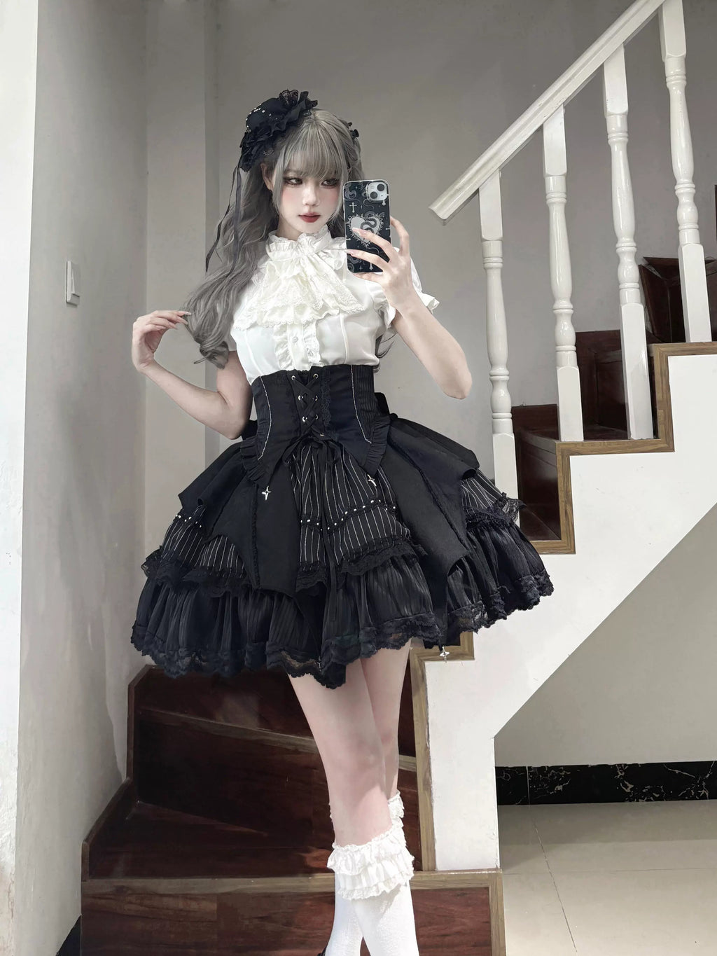 Trace Bone Black Gothic Lolita Skirt and Waist Cincher Set - image 3