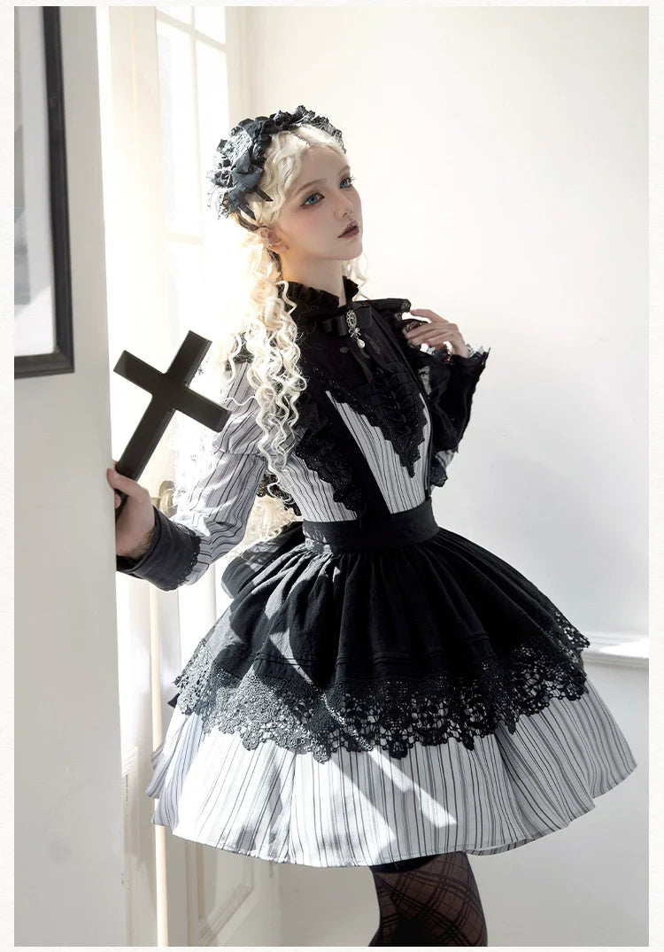 Nocturne SP - Striped Gothic Lolita OP Twin Lolita Dress with Apron and Accessories - image 21
